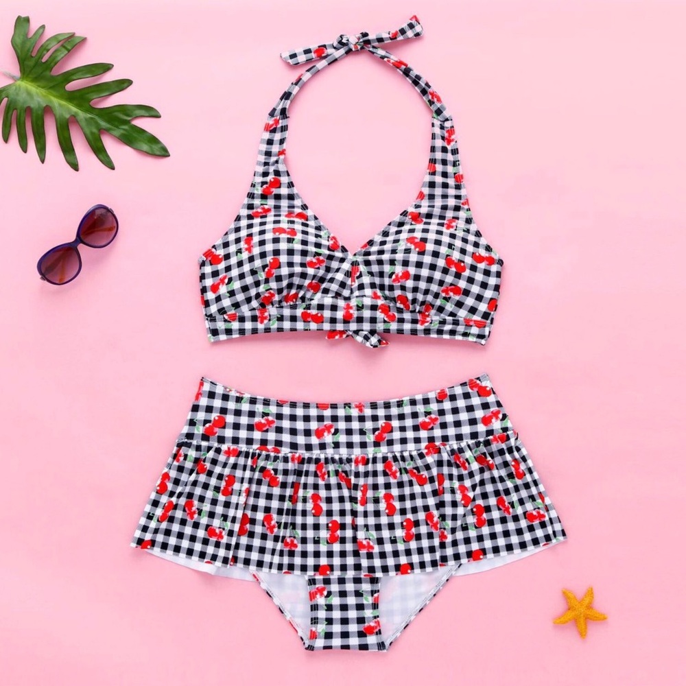 NEW Black/White Gingham Cherry Print Halter Neck 2 Piece Swimsuit